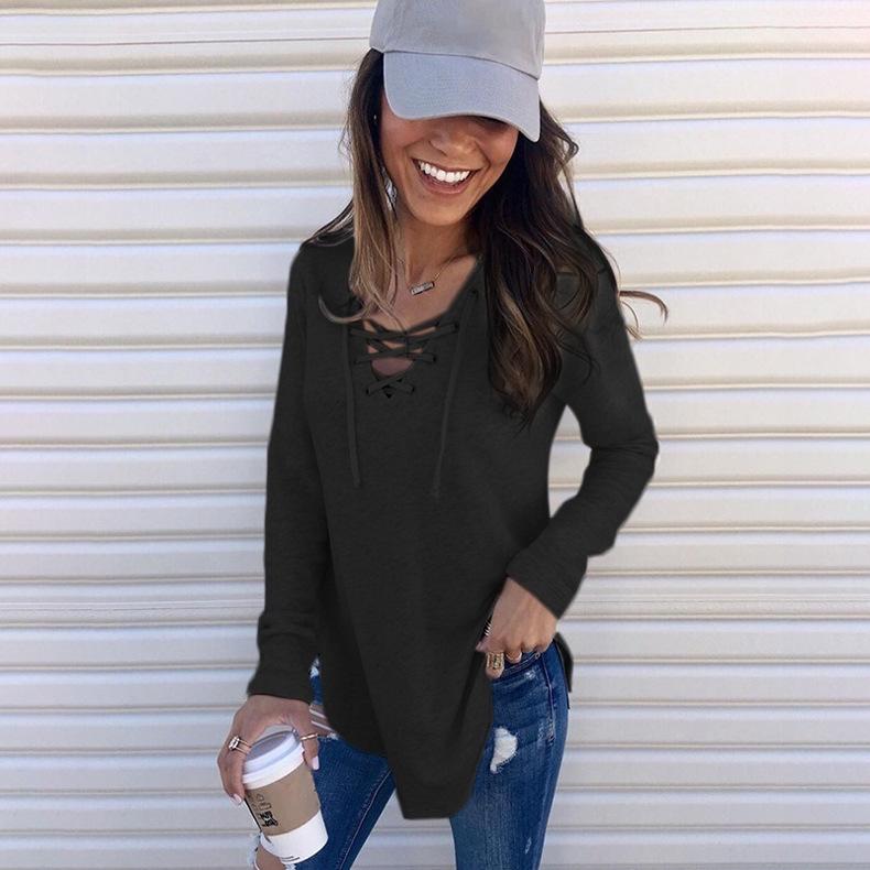 Women's Casual Lace Up V Neck Curved Hem Tunic Tops