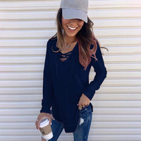 Women's Casual Lace Up V Neck Curved Hem Tunic Tops
