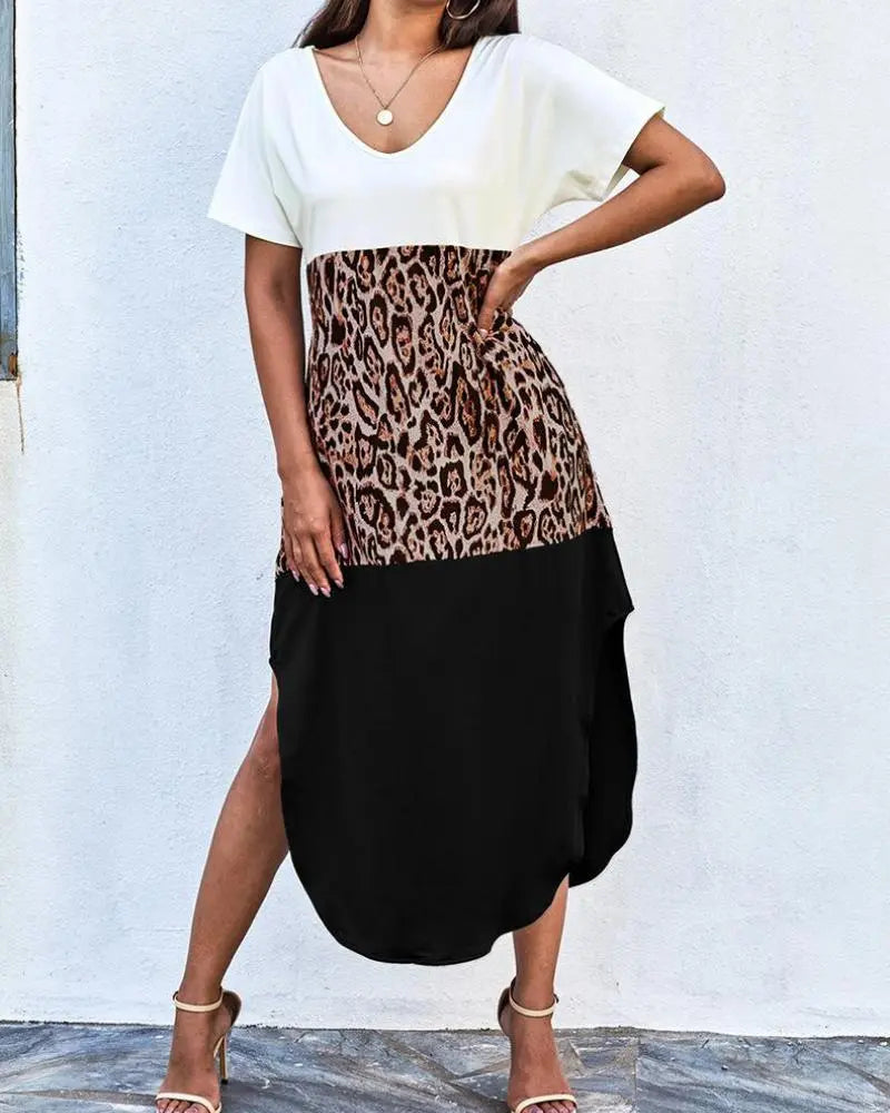 Women's Casual Leopard Print Color Block Split Maxi T Shirt Dress