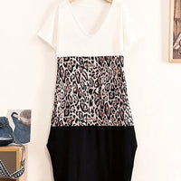 Women's Casual Leopard Print Color Block Split Maxi T Shirt Dress