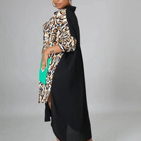 Women's Casual Leopard Print Pocket Button Down Midi Shirt Dress