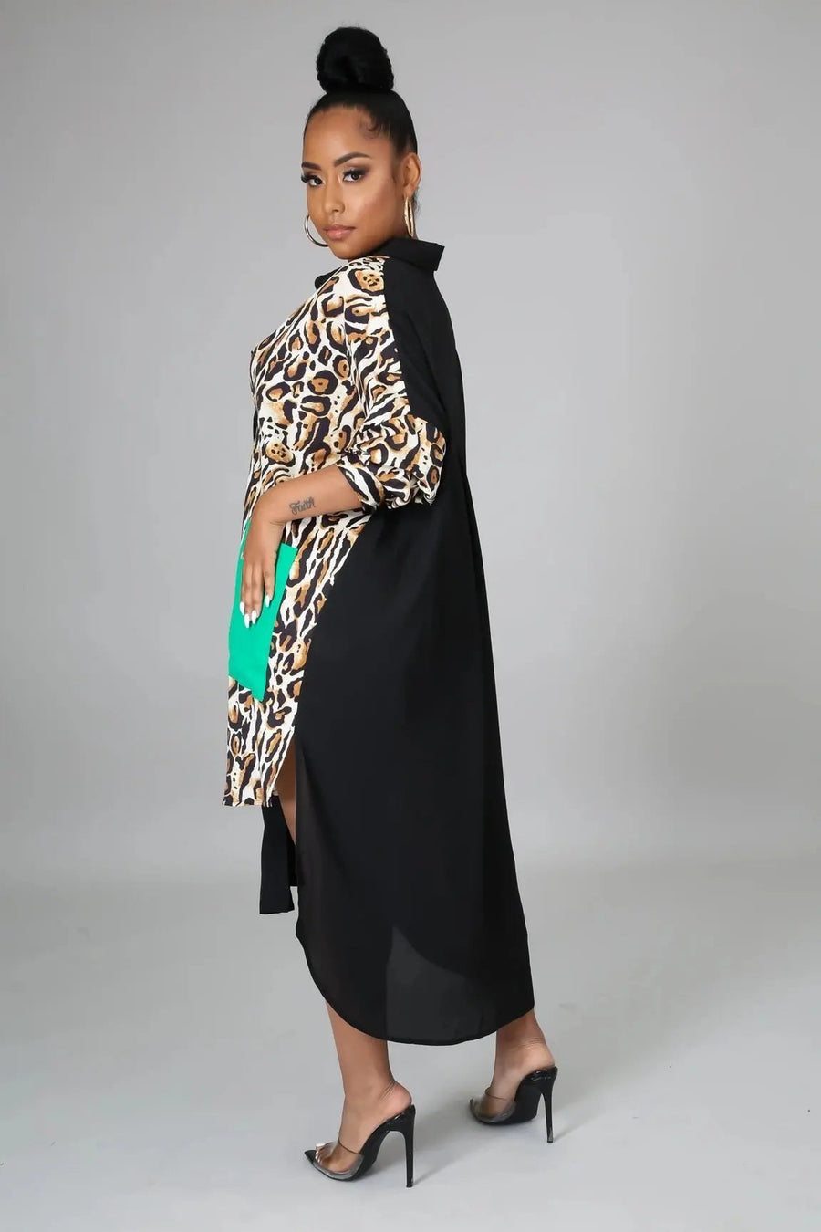 Women's Casual Leopard Print Pocket Button Down Midi Shirt Dress