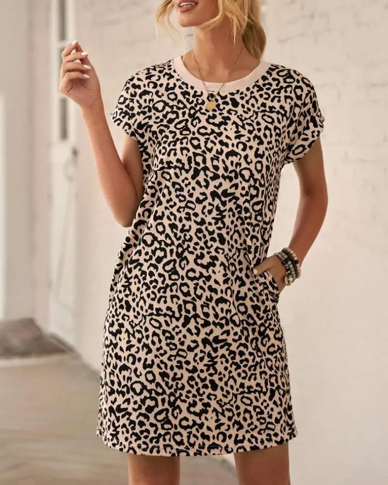 Women's Casual Leopard Print Short Sleeve Pockets T Shirt Dress