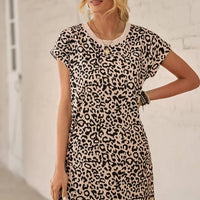 Women's Casual Leopard Print Short Sleeve Pockets T Shirt Dress