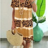 Women's Casual Leopard Print Short Sleeve V Neck T Shirt Dress