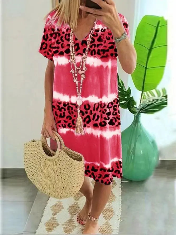 Women's Casual Leopard Print Short Sleeve V Neck T Shirt Dress