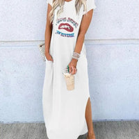 Women's Casual Lips Print Short Sleeve Split Maxi T Shirt Dress With Pockets