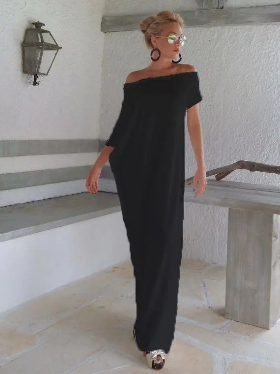 Women's Casual Off The Shoulder Asymmetrical Sleeve Maxi Dress