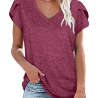 Women's Casual Petal Sleeve V Neck Solid T Shirts