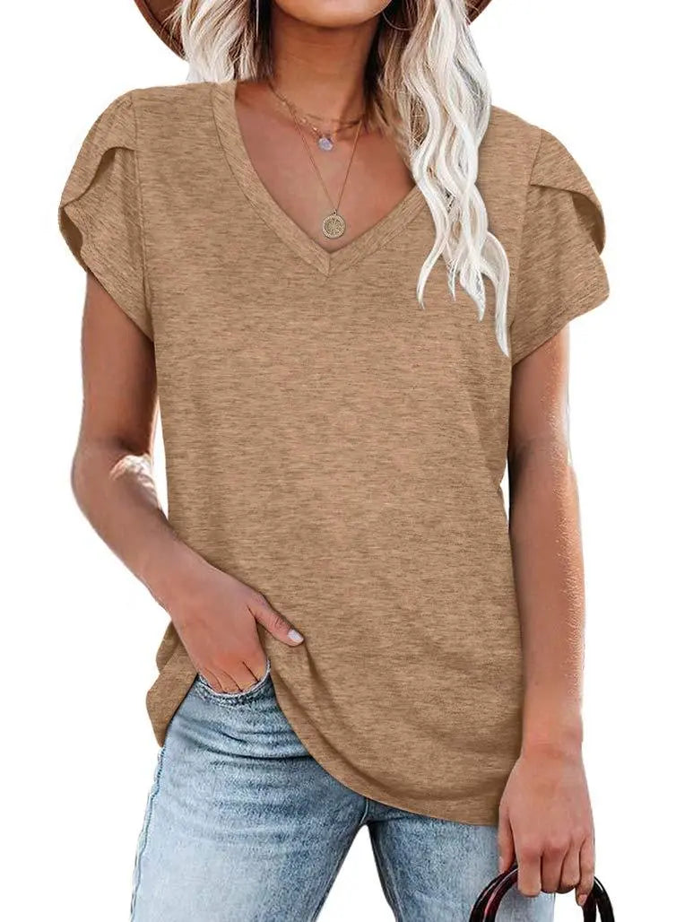 Women's Casual Petal Sleeve V Neck Solid T Shirts