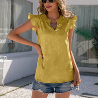 Women's Casual Ruffle Cap Sleeve Notched Neck Blouses