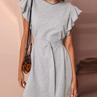 Women's Casual Ruffle Cap Sleeve Solid Belted Mini Dress