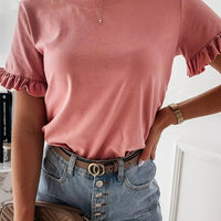Women's Casual Ruffle Trim Short Sleeve Solid T Shirt
