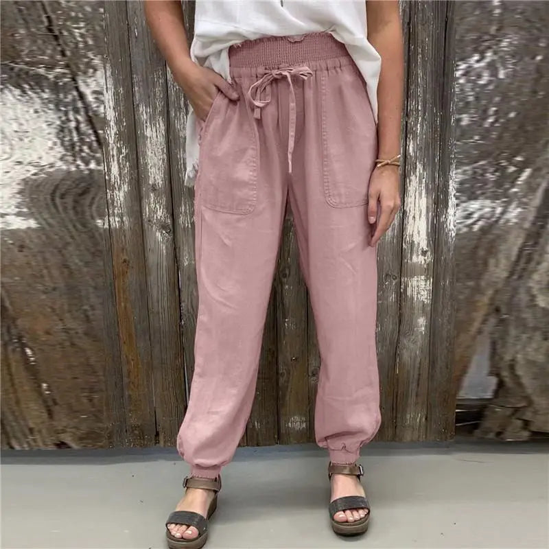 Women's Casual Shirred Elastic Waist Pants With Pork Chop Pocket