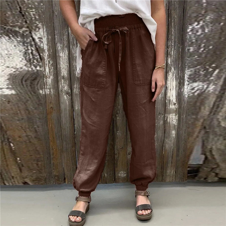 Women's Casual Shirred Elastic Waist Pants With Pork Chop Pocket