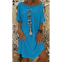 Women's Casual Short Sleeve Boat Neck Solid T Shirt Dress
