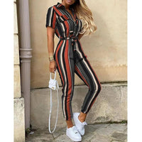 Women's Casual Short Sleeve Button Front Belted Cargo Jumpsuit