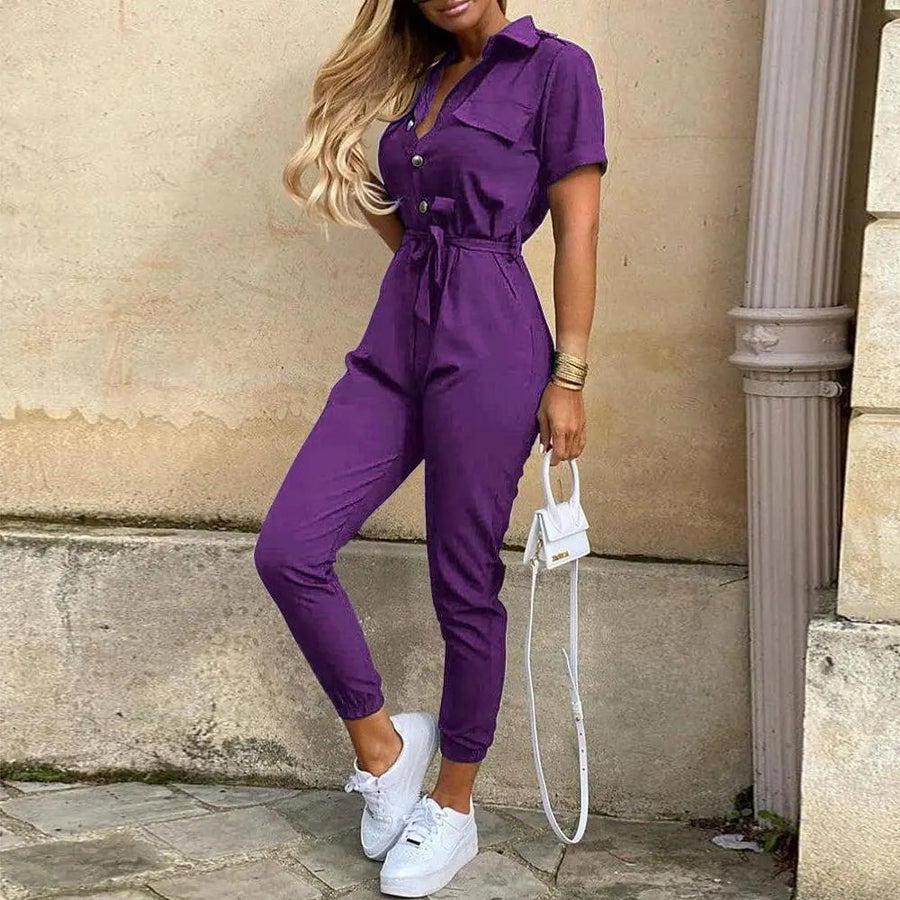 Women's Casual Short Sleeve Button Front Belted Cargo Jumpsuit