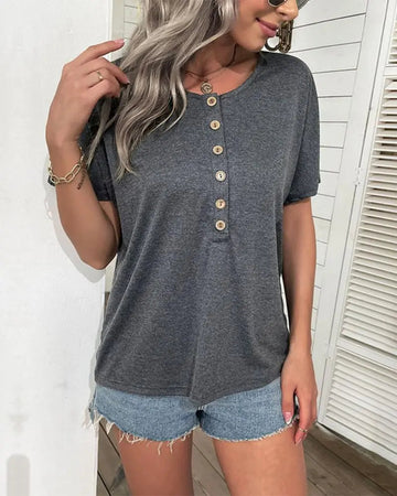 Women's Casual Short Sleeve Button Front Round Neck T Shirts