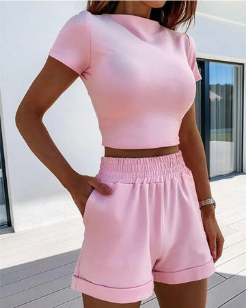 Women's Casual Short Sleeve Crop Top And Shorts Two Piece Set
