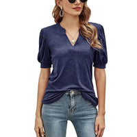 Women's Casual Short Sleeve Notch Neck Solid Blouses