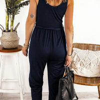 Women's Casual Sleeveless Button V Neck Belted Tank Jumpsuit