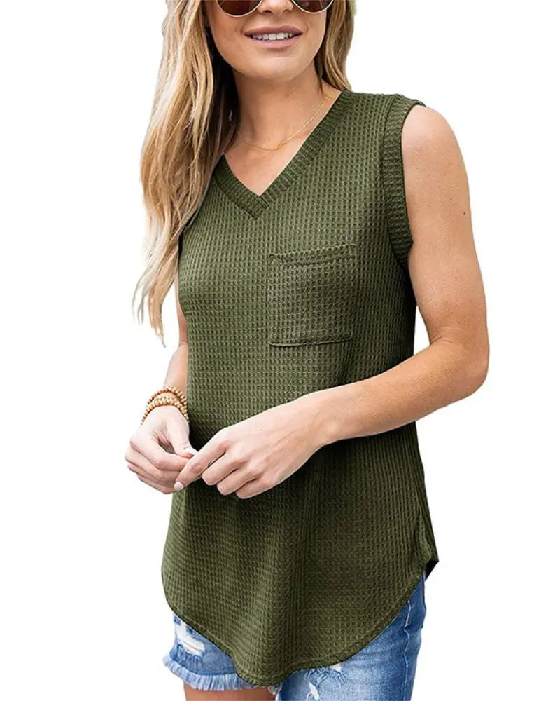 Women's Casual Sleeveless Pocket Front Waffle Knit Tank Tops