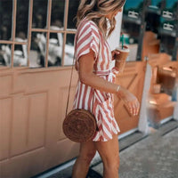 Women's Casual Striped Button Front V Neck Belted Pocket Mini Dress