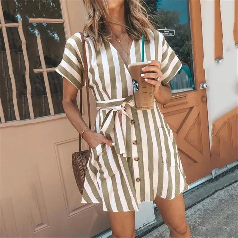 Women's Casual Striped Button Front V Neck Belted Pocket Mini Dress