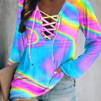 Women's Casual Tie Dye Long Sleeve Lace Up V Neck T Shirts