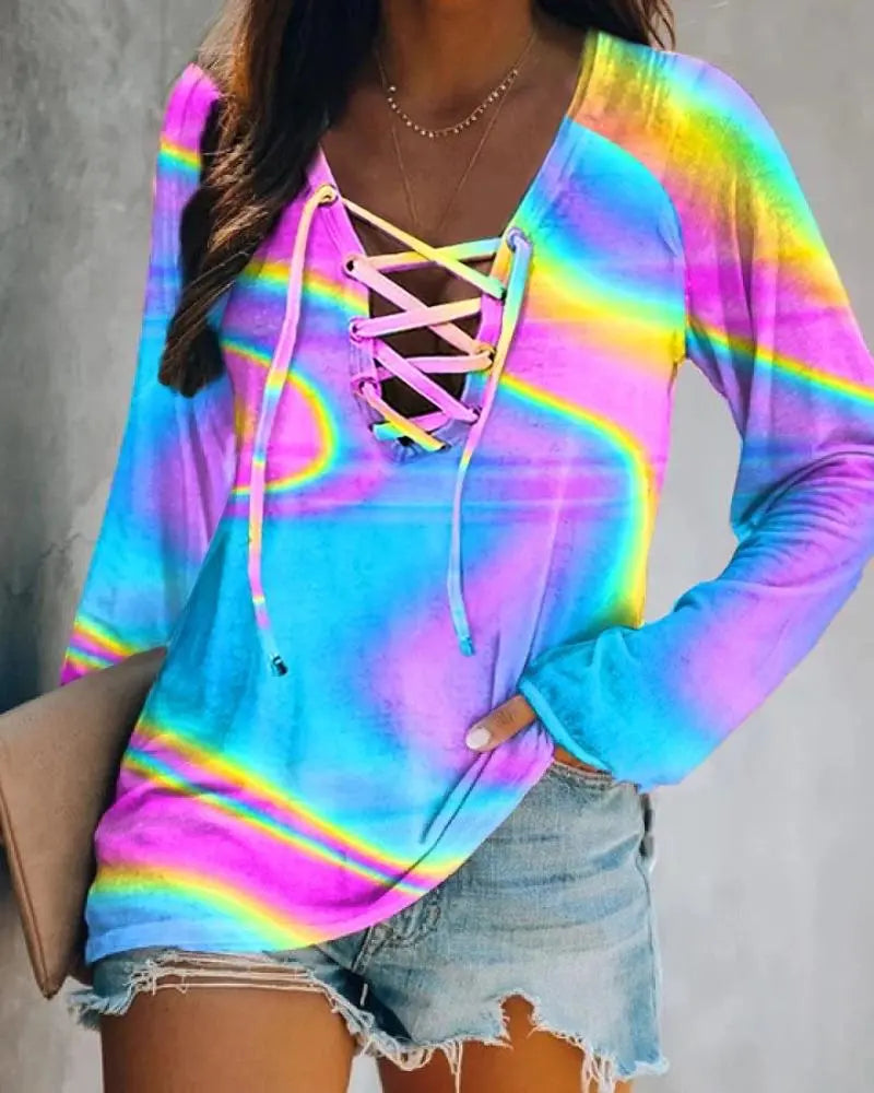 Women's Casual Tie Dye Long Sleeve Lace Up V Neck T Shirts