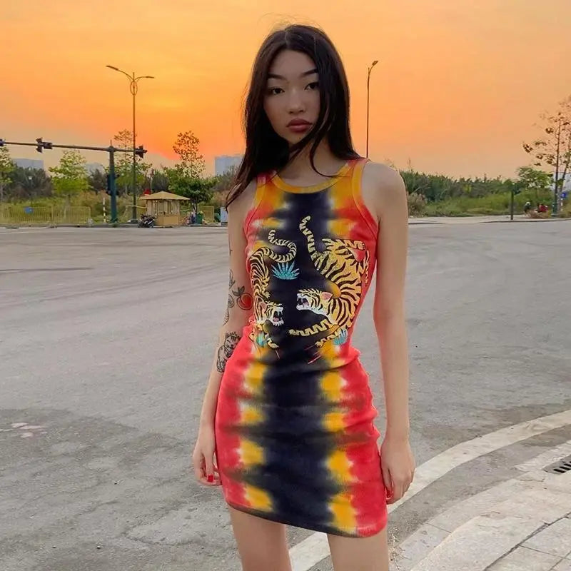 Women's Casual Tie Dye Tiger Print Sleeveless Bdoycon Tank Dress