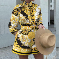 Women's Chain Print Button Down Blouse and Shorts Set