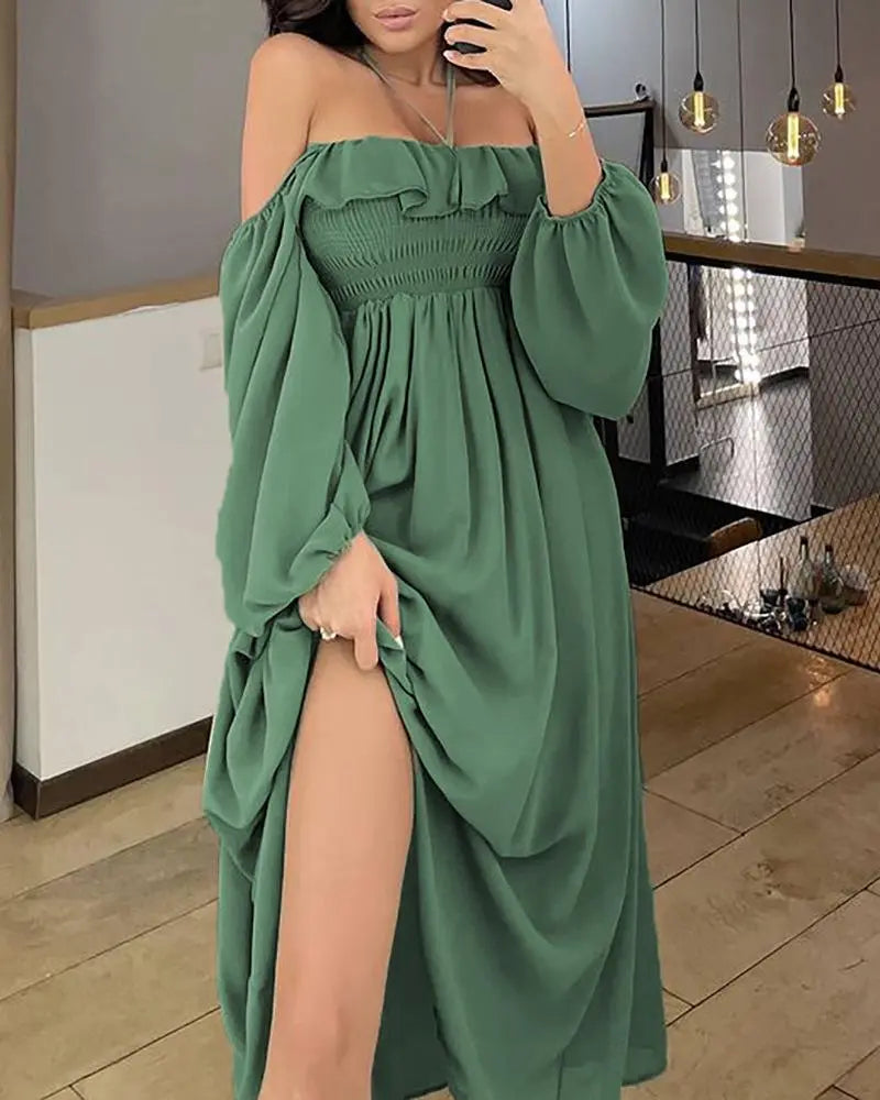 Women's Chiffon One-Shoulder Sleeve Long Sleeve Dress