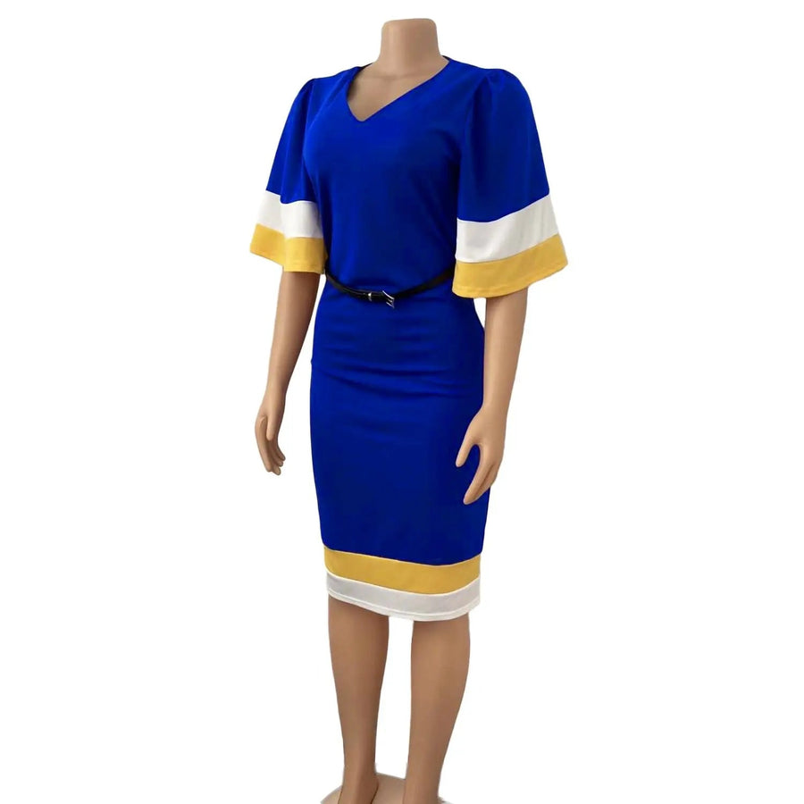 Women's Color Block Bell Sleeve V Neck Midi Pencil Dress