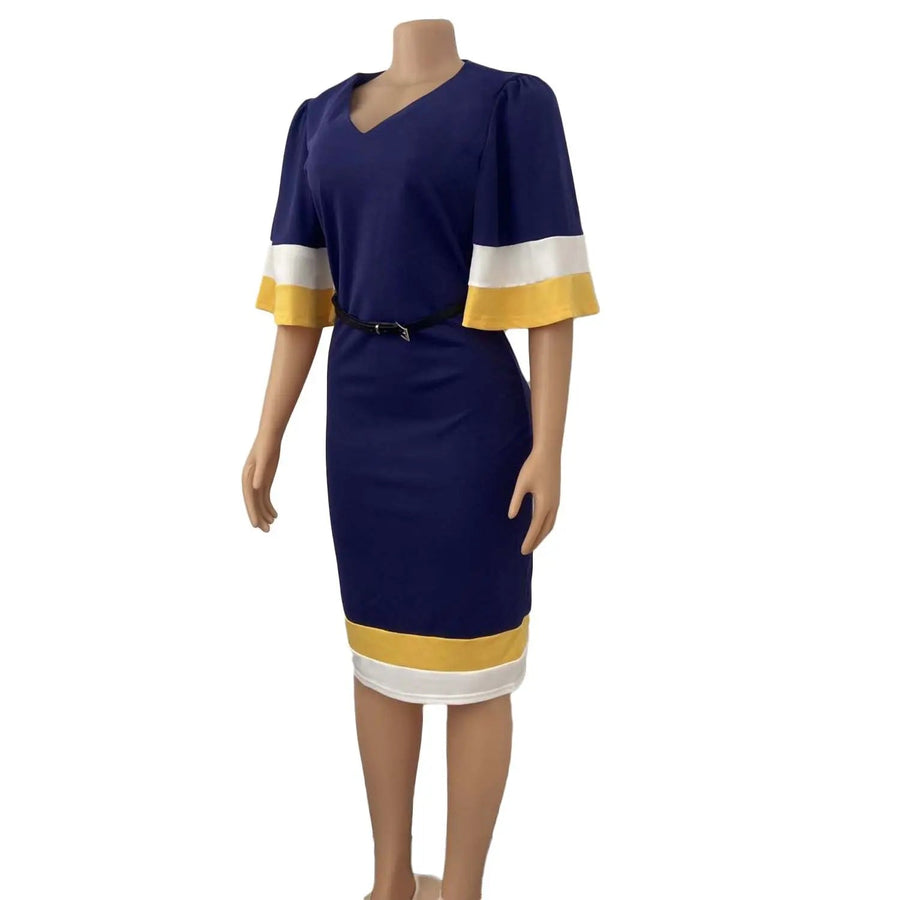 Women's Color Block Bell Sleeve V Neck Midi Pencil Dress