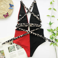 Women's Color Block Leopard Print Criss Cross Deep V One Piece Swimsuit