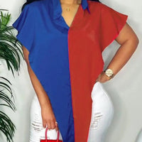 Women's Color Block Split Side Asymmetrical Hem Button Down Blouses