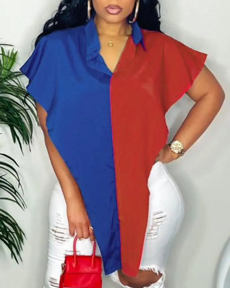Women's Color Block Split Side Asymmetrical Hem Button Down Blouses