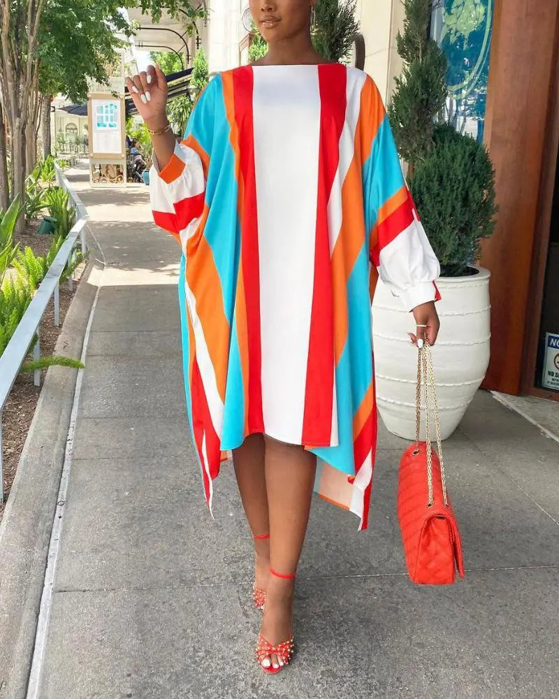 Women's Colorful Striped Batwing Sleeve High Low Loose Midi Dress