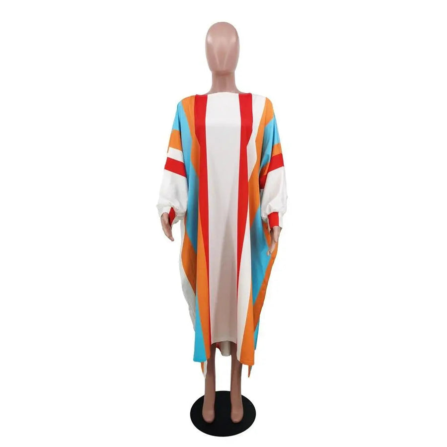Women's Colorful Striped Batwing Sleeve High Low Loose Midi Dress