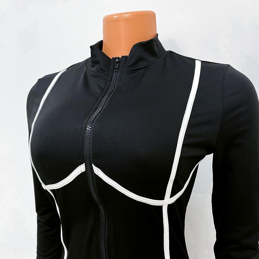 Women's Contrast Binding Zipper Up Bodycon Jumpsuit