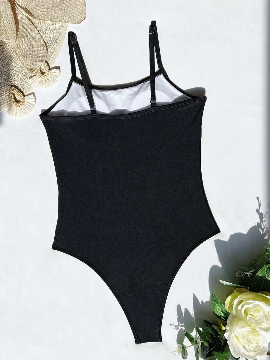 Women's Contrast Mesh Adjustable Strap One Piece Swimsuit