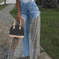 Women's Contrast Mesh Star Print High Waist Wide Leg Denim Jeans
