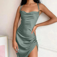 Women's Cowl Neck Criss Cross Backless Ruched Satin Cami Dress