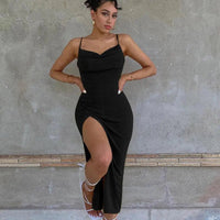 Women's Cowl Neck Spaghetti Strap High Split Cami Dress