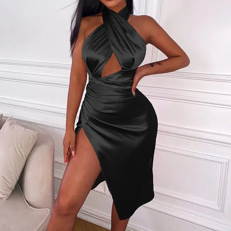 Women's Criss Cross Backless Halter Neck Split Satin Midi Dress