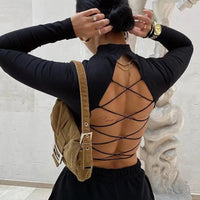 Women's Criss Cross Backless Mock Neck Long Sleeve Crop Tops