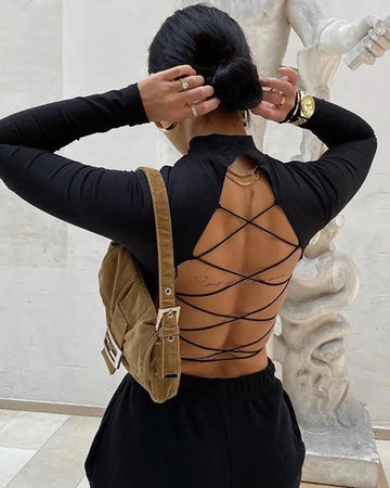 Women's Criss Cross Backless Mock Neck Long Sleeve Crop Tops