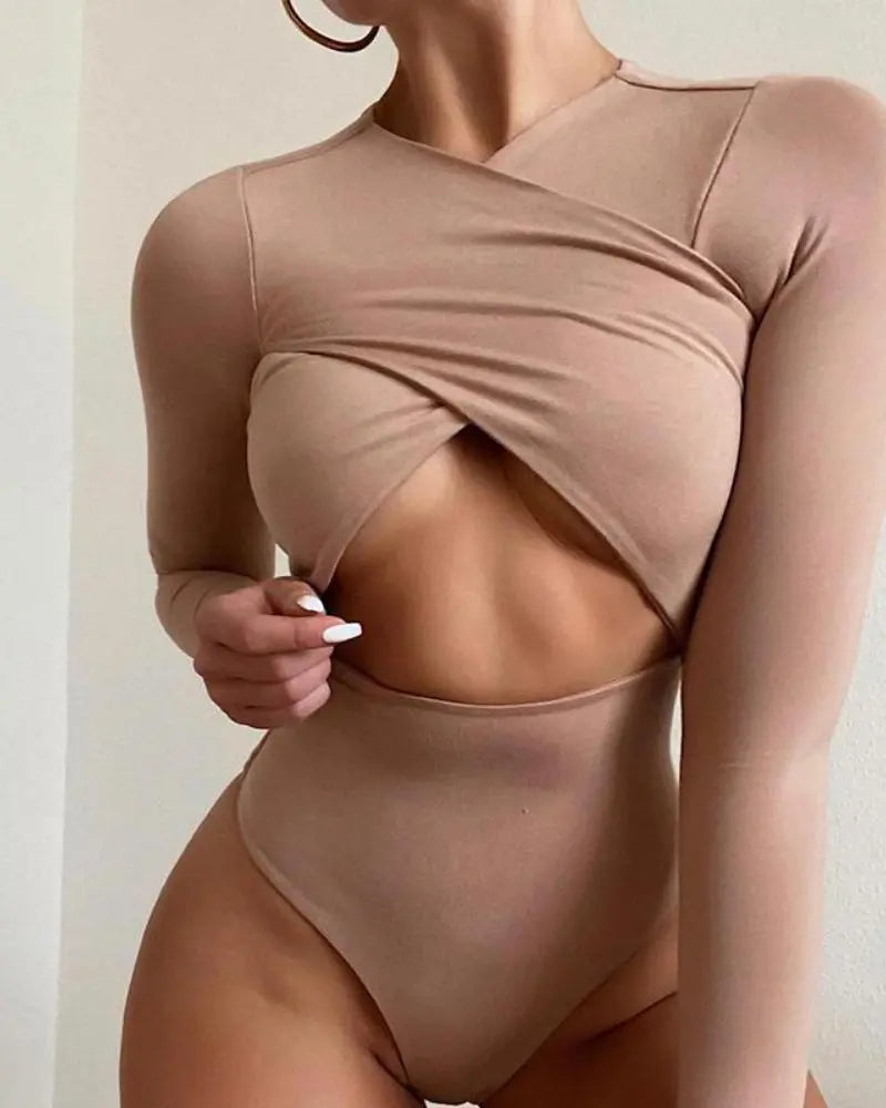 Women's Criss Cross Bandage Long Sleeve Cut Out Bodysuit